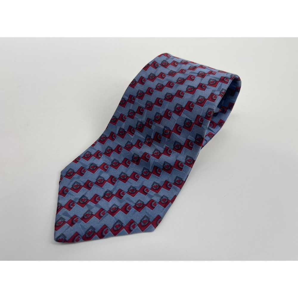 Claiborne Silk Necktie Mens Geometric Square Blue Red Made in USA Business Tie